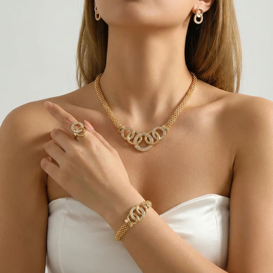 Luxury Rhinestone Interlocking Circle Jewelry Set for Women Trendy Gold Color Crystal Necklace Earrings Bracelet Ring Set Gifts