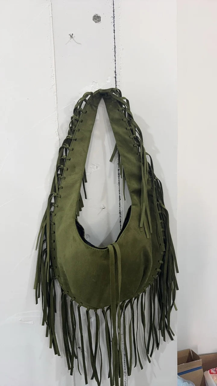 Green Retro Tassel Women Armpit Bag Suede Design Dumpling Shoulder Bag W.Cowboy