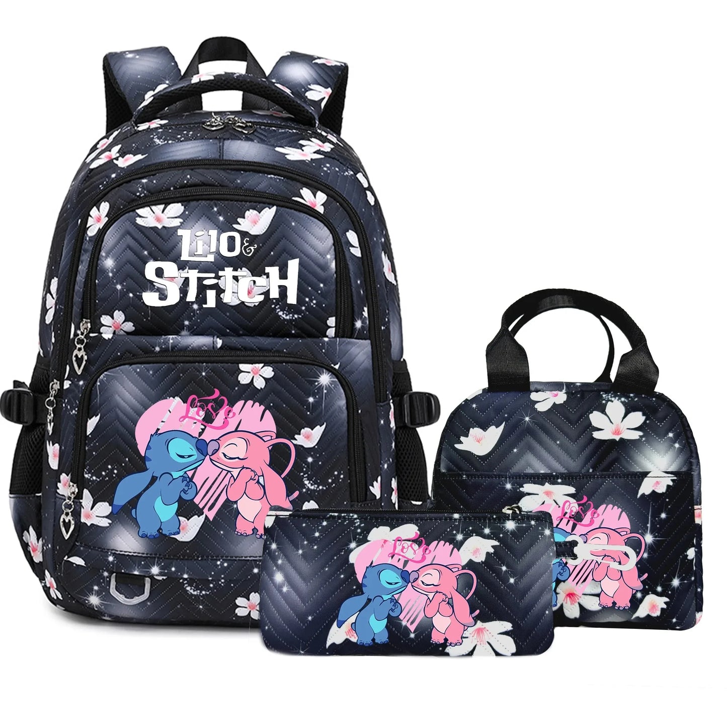 3PC Black Lilo Stitch XL Backpack Lightweight School Student Travel Lunch Bag 07