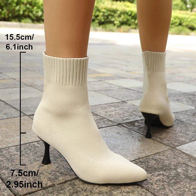 Fashion Slip On Slim Knitted Ankle Boots Women Plus Size Stretch High Heel Boots Woman Autumn Winter Thin Heeled Sock Booties