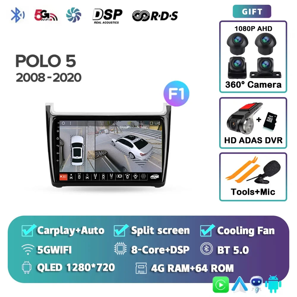 For Volkswagen POLO 5 2008 - 2020 Android 15 12+256GB Car Radio Carplay Auto Multimedia Stereo Video Player GPS Navigation