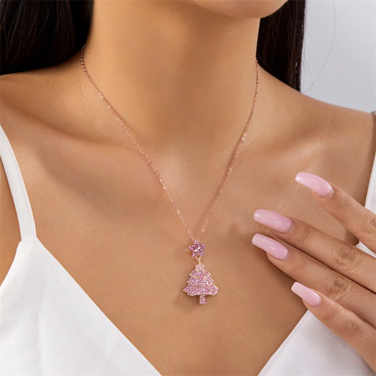 Luxury Zircon Crystal Christmas Tree Pendant Necklace For Women Exquisite Rhinestone Snowflake Clavicle Chain Jewelry Xmas Gifts