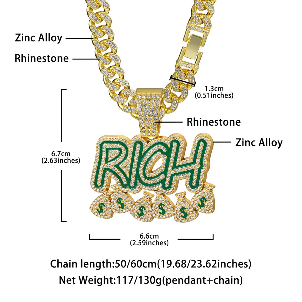 Hip Hop Men Women Become Rich Money Bag Pendant Necklace，With 13mm Miami Cuban Link Chain Necklaces Trendy Dollar Sign Neck Wear