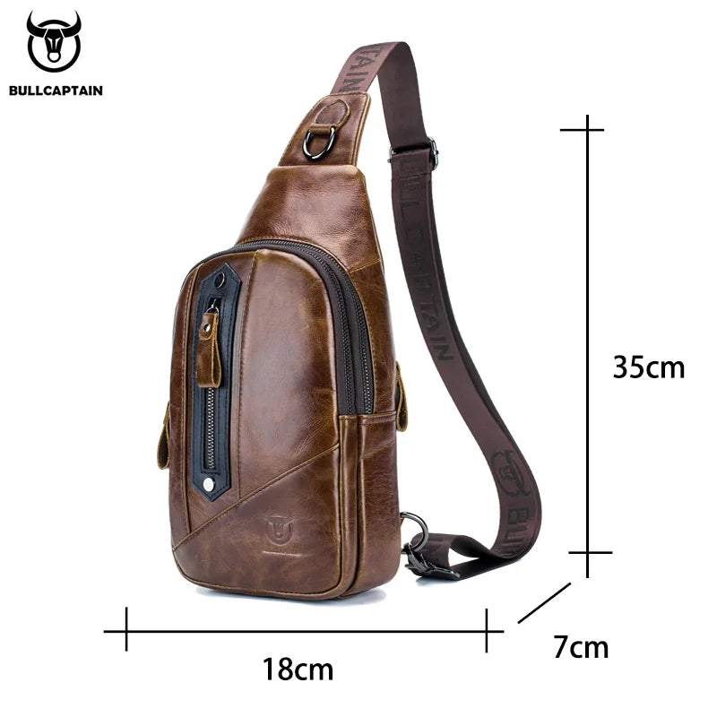 BULLCAPTAIN Leather Fashion Men's Chest Bags Casual Messenger Bag's Multi-Function Mobile Phone Compartment Bages Chest Bag Men