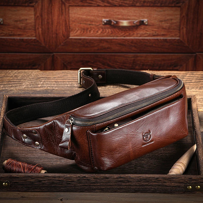 BULLCAPTAIN Men's Genuine Leather Waist Bag Casual Retro Mountaineering Bag Multifunctional Latch Lock Crossbody Chest Bag
