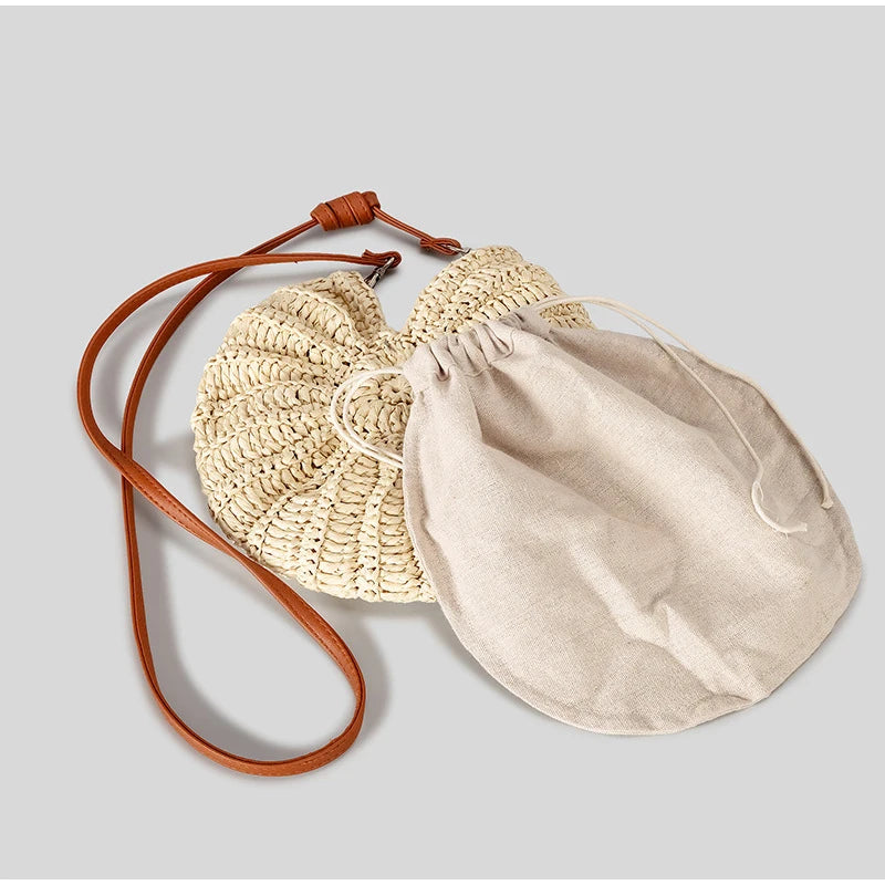 Beige Conch Knit Crossbody Shoulder Bag Pearl Chain Woven Women Classy Sling Bag