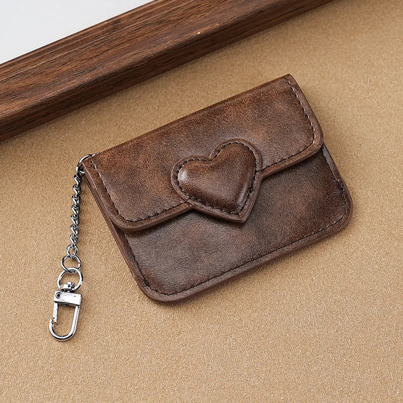 Mini Coin Purse Keychain Wallet Fashion PU Heart Buckle Multi-card Slots Card Holder Pouch Key Storage Bag for Women and Men
