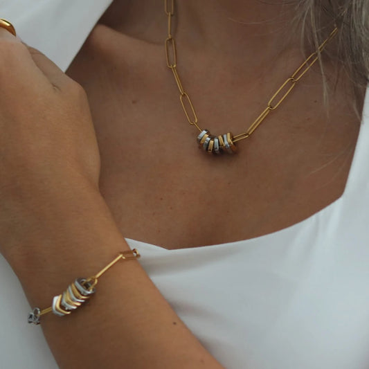 Uworld Minimalist Two Tone Paper Clip Chain Bracelet Geometric Pendant Necklace Jewelry Set Women's Jewelry Gift for Her