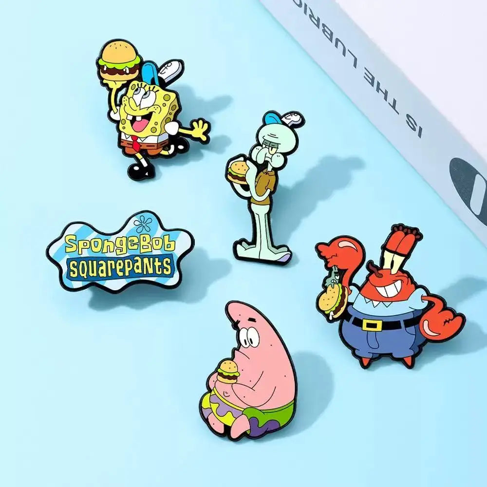 5pcs Sponge SquarePants Enameled Brooches Metal Badges Cute Jewelry Set for Bag Clothing Backpack Accessorizing Ideal Gift
