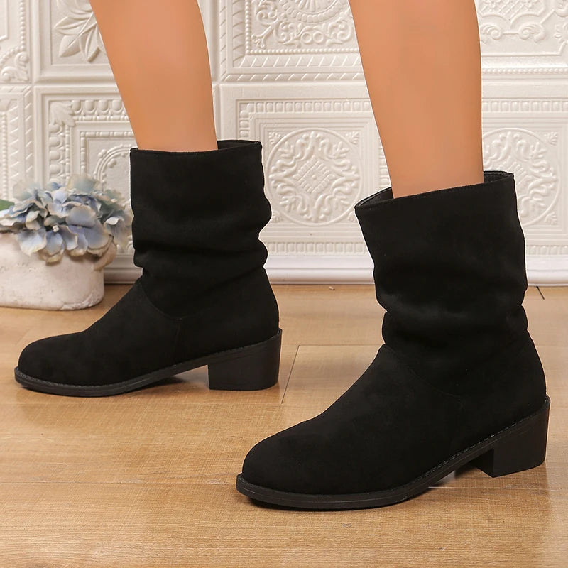 2025 Slip On Thick Heels Ankle Boots Women 2025 Plus Size 35-43 Faux Suede Boots Woman Autumn Winter Block Heeled Short Booties