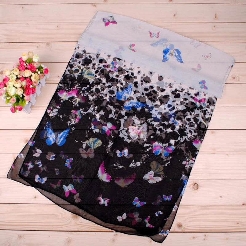 New Yiwu Colorful Little Butterfly Women's Printed Chiffon Long Scarves Wholesale Spring and Summer Printed Scarves