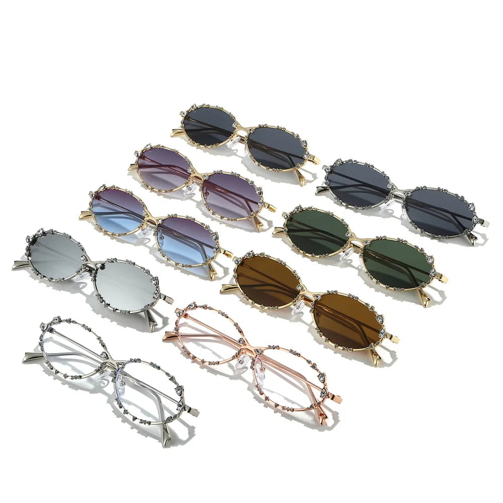 JNPCXI Retro Oval Punk Diamond Women Sunglasses Fashion Silver Shades UV400 Men Trending Sun Glasses
