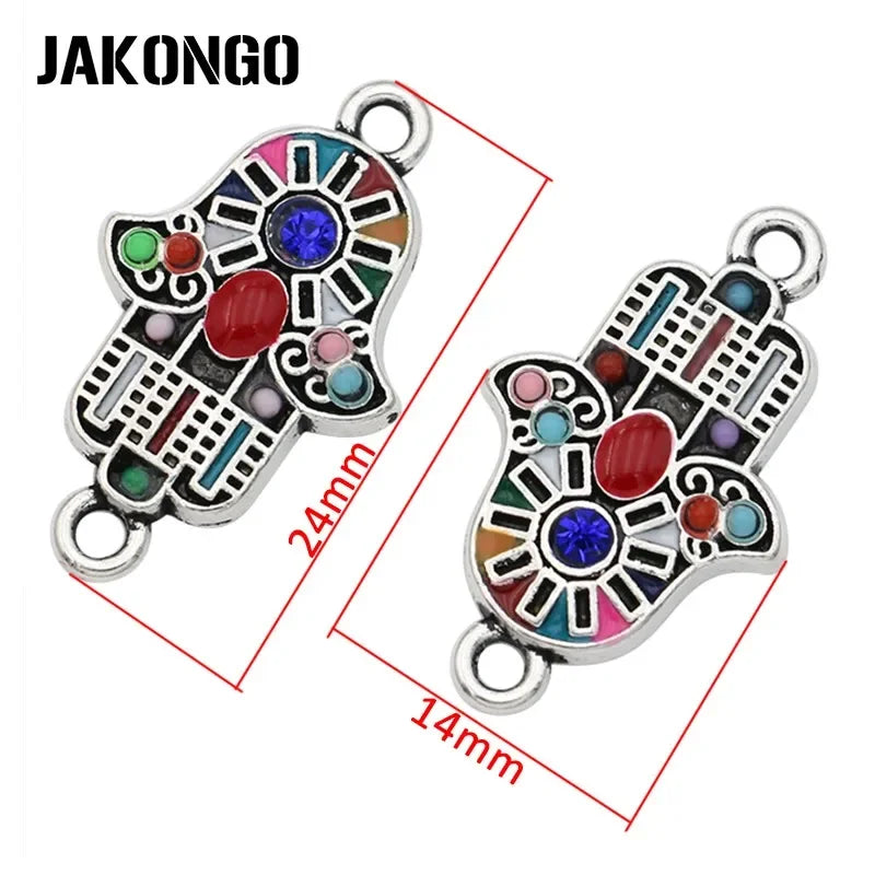 10Pcs Silver Plated Colorful Crystal Fatima Hand Connectors for Jewelry Making Bracelet Accessories DIY Craft 24x14mm