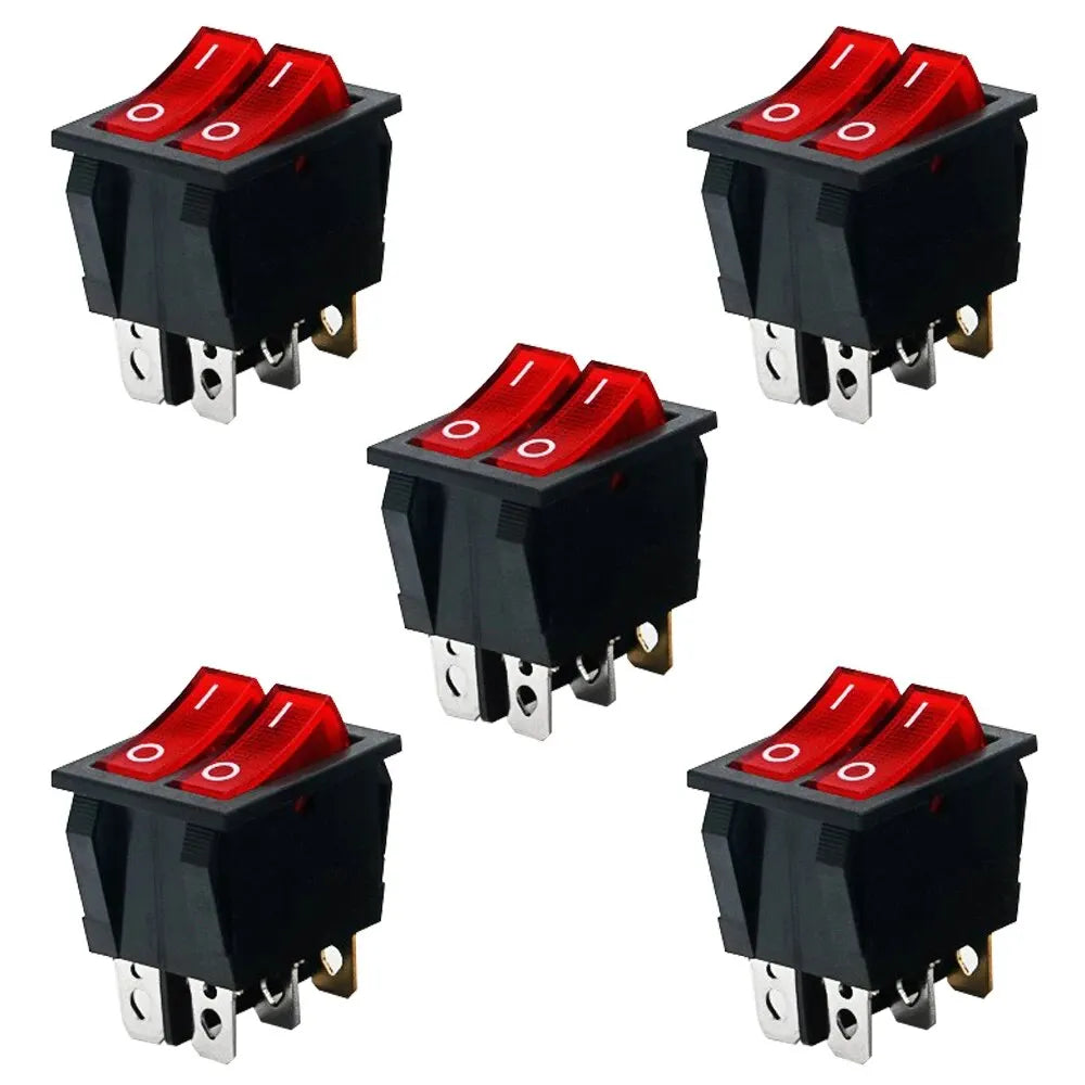 5pcs Double Red Light Rocker Switch 2*SPST On-Off 6 Pin 30x22mm 2 Way Boat Rocker Switch 110V/120V/250V KCD6