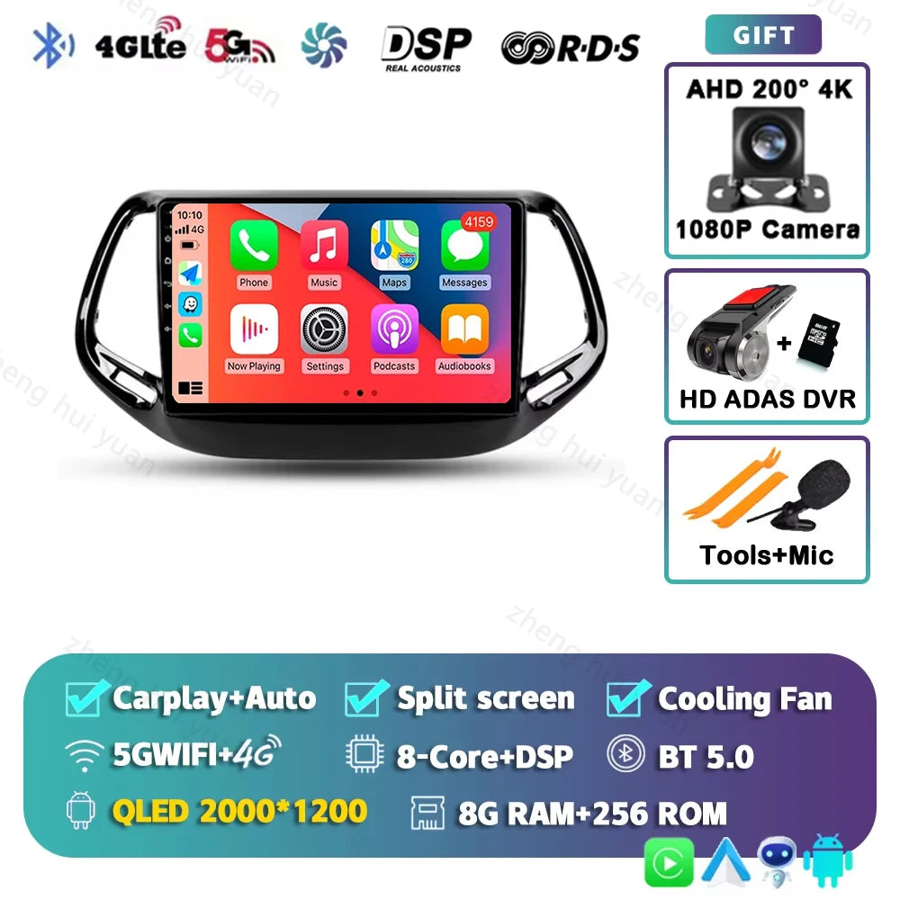 2K QLED For Jeep Compass 2 MP 2016 - 2018 Android 15 CarPlay Auto Car Radio Multimedia Video Player GPS stereo Head Unit 4G WIFI