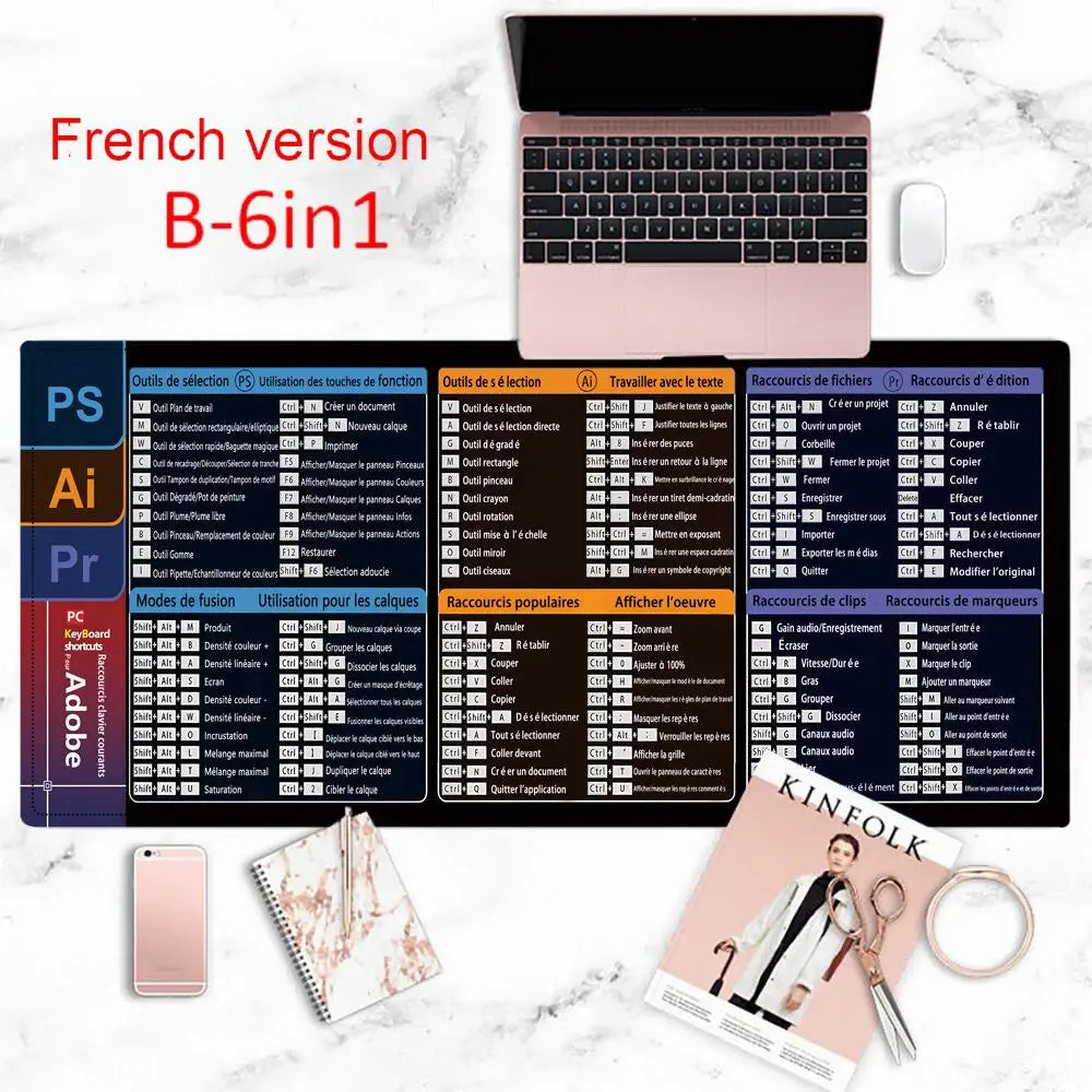 French Version Excel/Word/Windows/PPT Cheat Sheet Mouse pad, Computer Keyboard Pad for Office Workers Students Office Desk Mat
