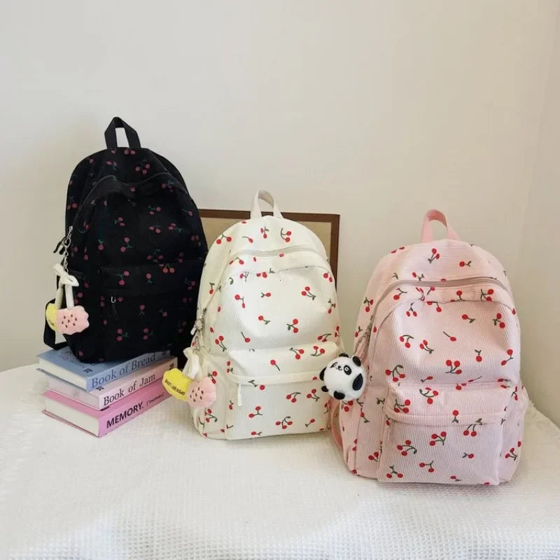 Corduroy Backpack Cherry Pattern Women Travel Daypack Adjustable Strap Laptop Backpack Zipper for Work Shopping School mochilas