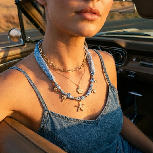 3Pcs Vacation Style Sun Shell Pendant Necklace Set Boho Ribbon Scarf Choker Layered Chain Summer Beach Jewelry Women