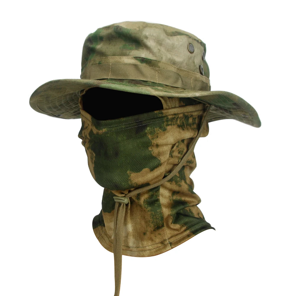 2Pcs Wide Brim Hat & Balaclava Set Men Outdoor Sun Boonie Cap Hiking Fishing Hat