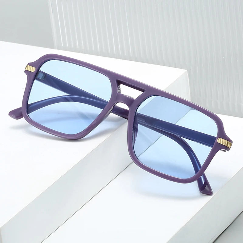 JNPCXI New Vintage Double Bridges Square Sunglasses Women Fashion Blue Green Shades UV400 Men Trending Rivets Sun Glasses