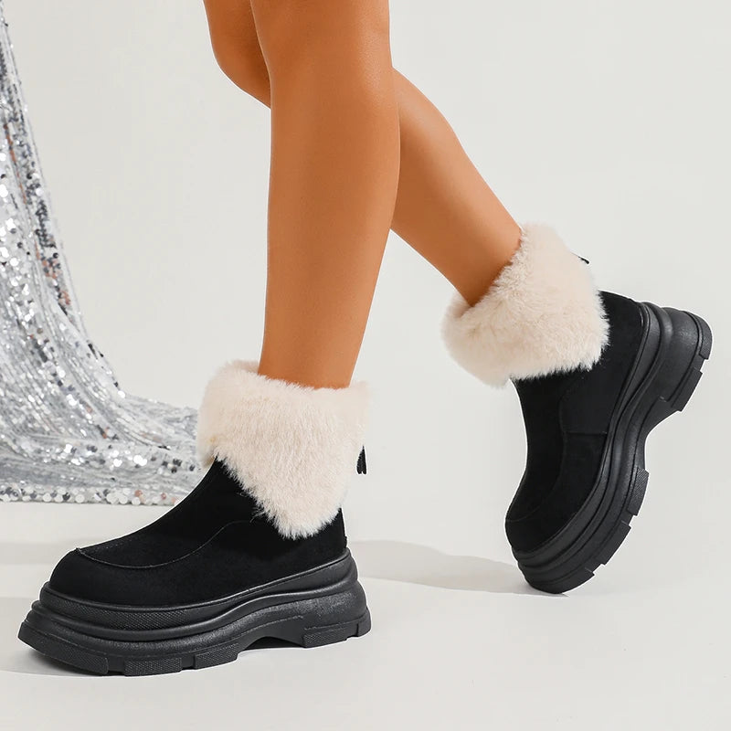 Faux Fur Thick Sole Ankle Boots Women Autumn Winter Warm Short Plush Fluffy Snow Boots Woman Non Slip Back Zippers Short Booties