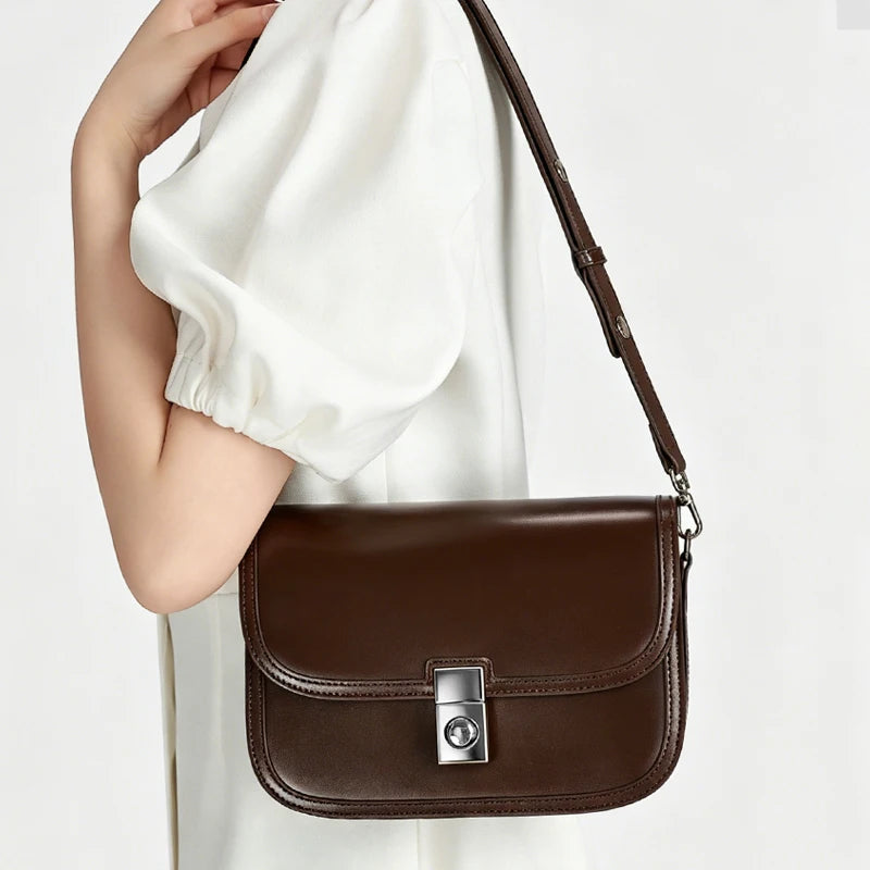 Genuine Cowhide Leather Flap Crossbody Bag for Women Vintage Saddle Shoulder Bag with Silver Lock Luxury Designer Messenger bags