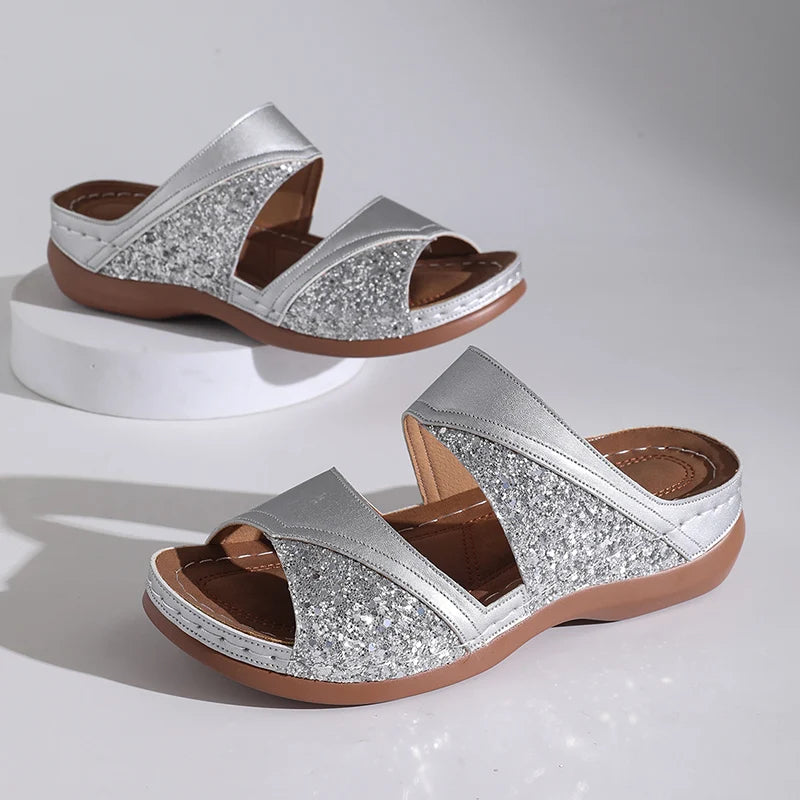 Golden Glitter Platform Sandals for Women Summer Lightweight Wedge Heel Sandles Woman Plus Size 43 Thick Sole Sandalias Mujer