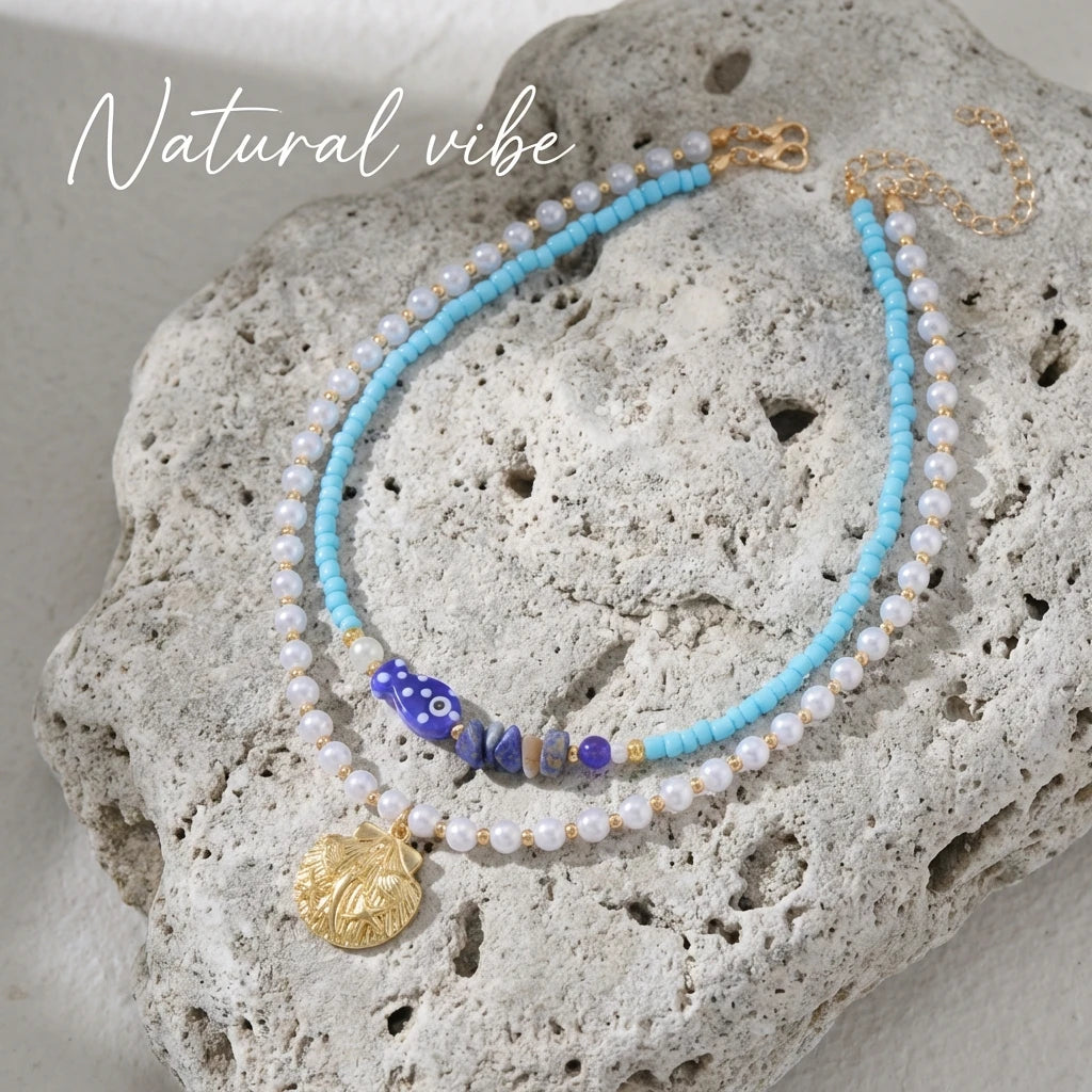 2Pcs/Set Vacation Fish Shell Stone Faux Pearl Beaded Necklace Summer Beach Boho Layered Choker Jewelry For Women