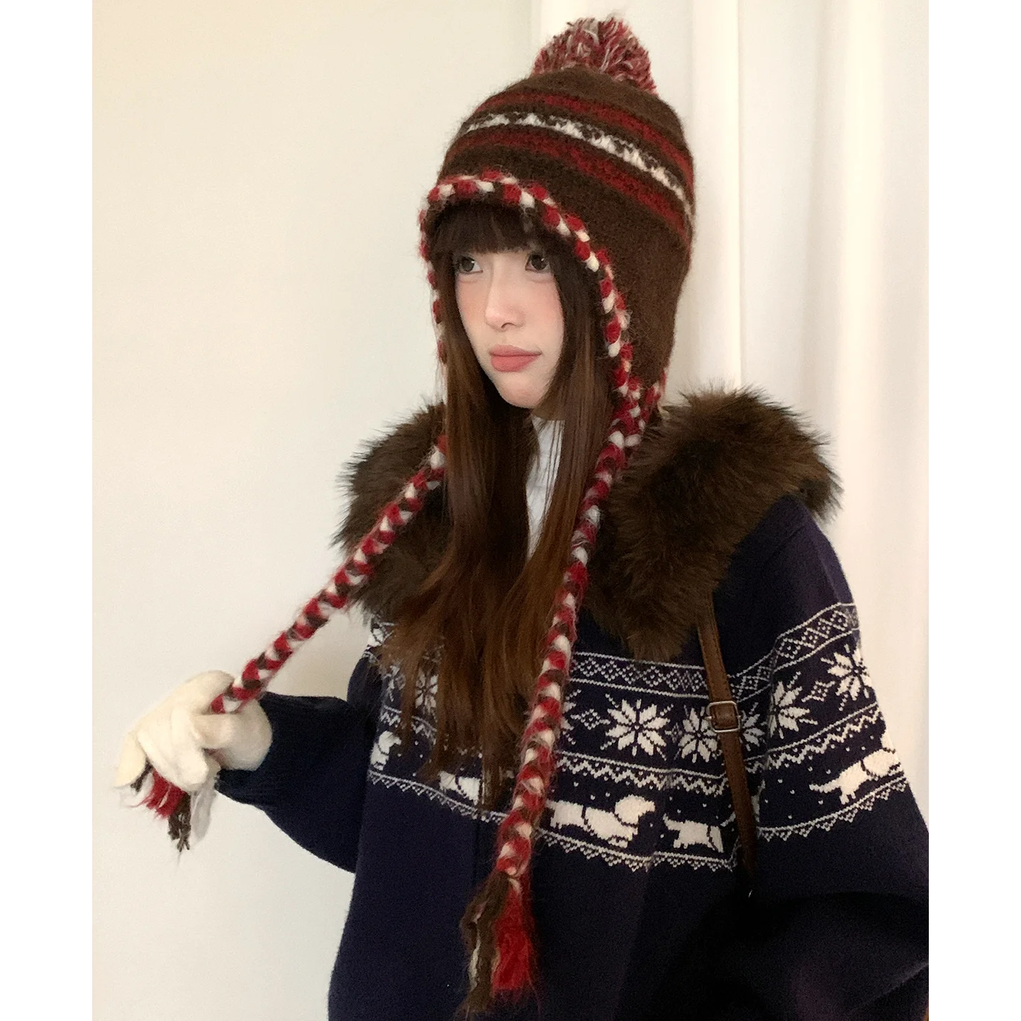 Retro Fair Lsle Colorblock Braided Wool Ball Knit Hat For Women With Wool For Winter Warm Ear Protection Lei Feng Cap