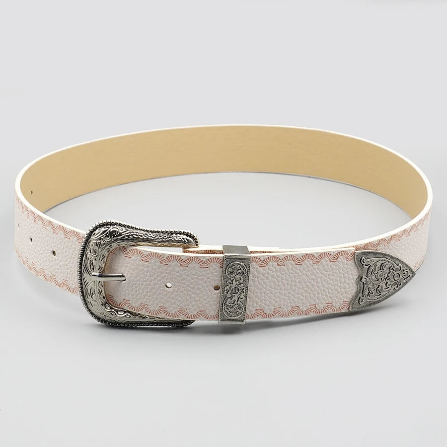 White Border Women's Belt, Solid Color Casual Printed Belt, Silver Carved Alloy Buckle, Suitable for Daily Commuting and Dating