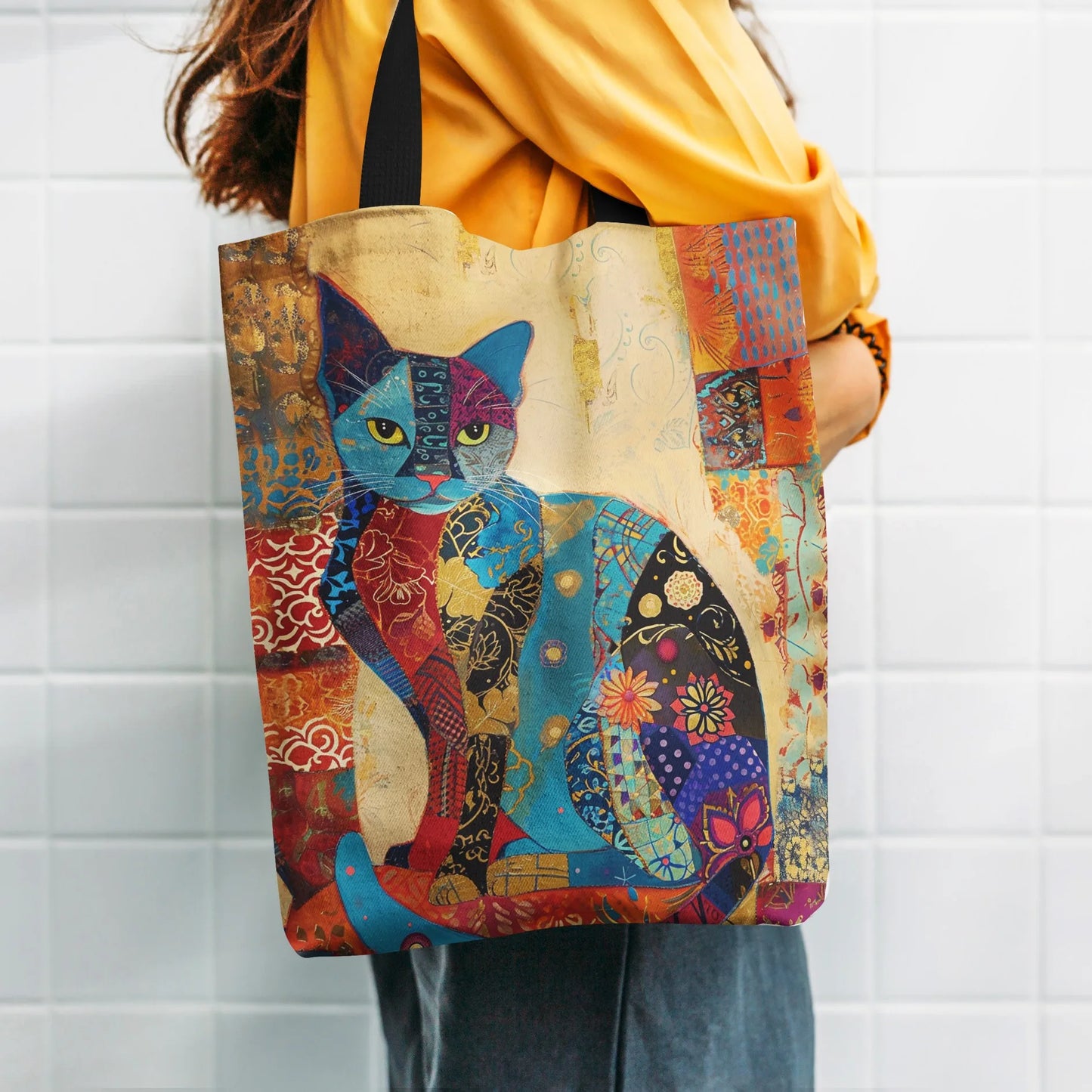 Floral Cat Pattern Tote Bag, Aesthetic Canvas School Shoulder Bag light Shop Bag