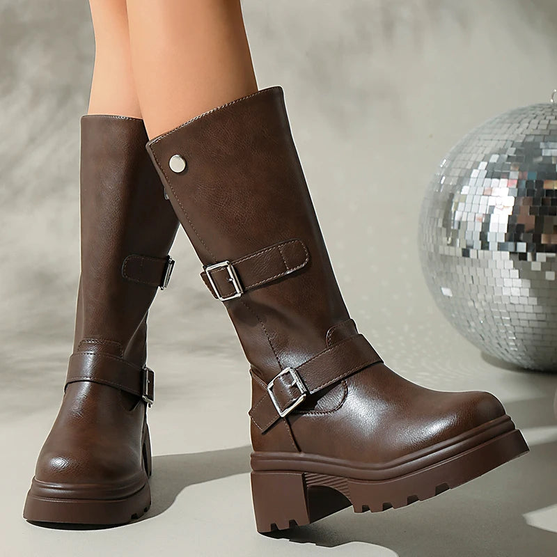 Piunk Belt Buckle Chunky Platform Knee High Boots Women Back Zipper High Heel Long Boots Woman Plus Size 42 Pu Leather Botas