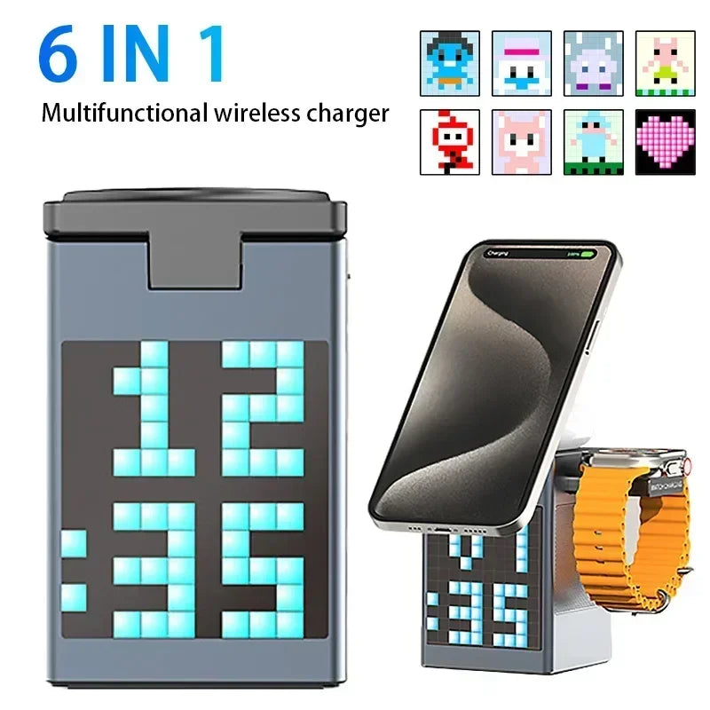 6 in 1 Magnetic Wireless Charger Multifunction with Bluetooth Speaker Alarm Clock for Iphone 16 15 Pro Max for Airpods 2 Iwatch