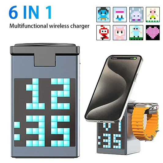 6 in 1 Magnetic Wireless Charger Multifunction with Bluetooth Speaker Alarm Clock for Iphone 16 15 Pro Max for Airpods 2 Iwatch