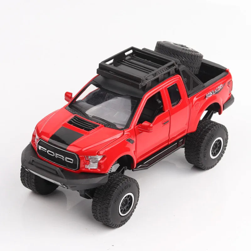 Scale 1/32 Raptor F150 Cars Model Toys Diecast Alloy Pickup Metal Body Rubber Tires with Sound Light Vehicles Toy Gifts for Kids