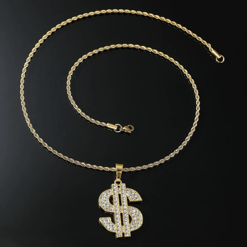 Hip Hop Rap Gold Color US Dollar Sign Pendants Necklaces For Men Women Punk Rhinestone Money Dollar Logo Fashion Jewelry Gifts