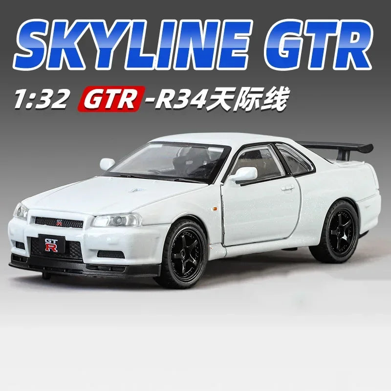 1: 32 GTR Skyline Alloy Diecast Models Toys Cars 4 Doors Opened with Sound Light Pull Back Miniature Sportscar Fashion Ornaments