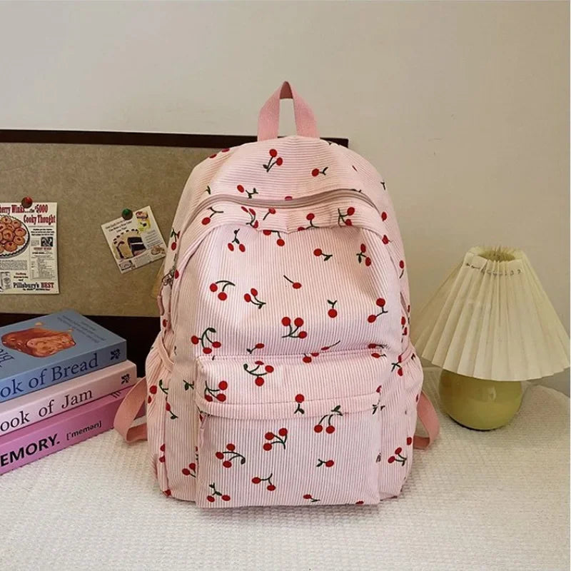 Corduroy Backpack Cherry Pattern Women Travel Daypack Adjustable Strap Laptop Backpack Zipper for Work Shopping School mochilas