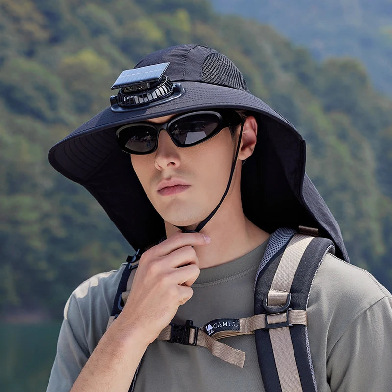 9217Ultra-wide brim sun hat, 1pc solar fan hat, waterproof bucket hat for fishing, hiking and camping