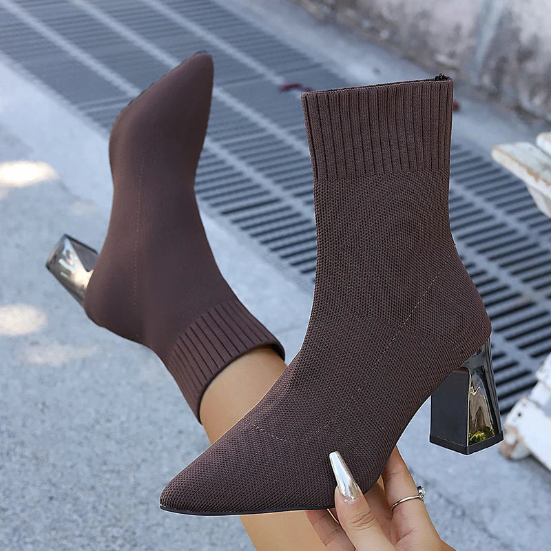 Autumn Winter Knitted High Heel Boots Women 2025 Sexy Pointed Toe Ankle Boots Woman Plus Size 36-43 Thick Heels Booties Mujer