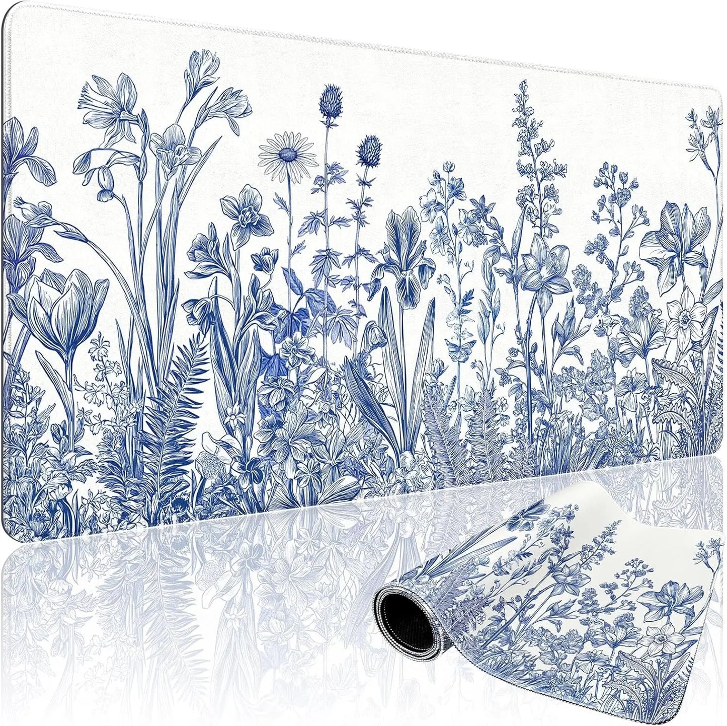 Narcissus Blue Floral Large Gaming Mouse Pad，XXL Desk Mat,Non-Slip Rubber Base Stitched Edges - Waterproo Mousepad for PC/Office