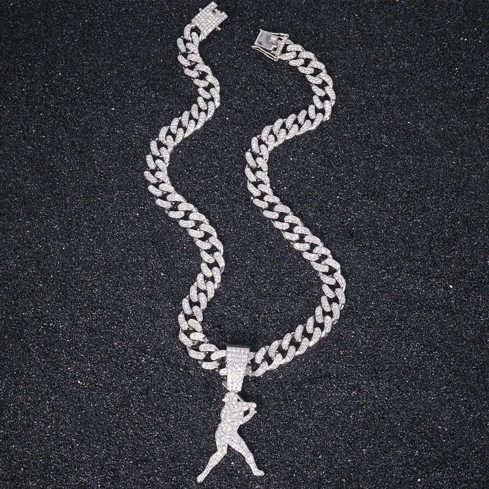 Hip Hop Baseball Pendant Fashion Sport Style Necklace with 13mm Cuban Chain Baseball Player Pendant Trendy Men's Party Jewelry