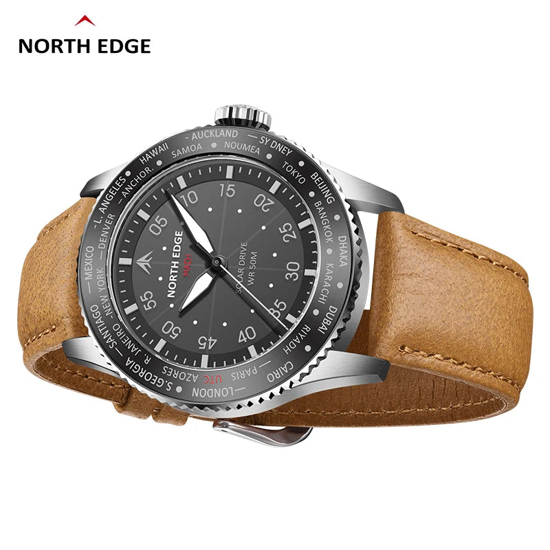 NORTH EDGE MACH Solar Power Quartz Mens Pilot Watch Luminous Waterproof Watches
