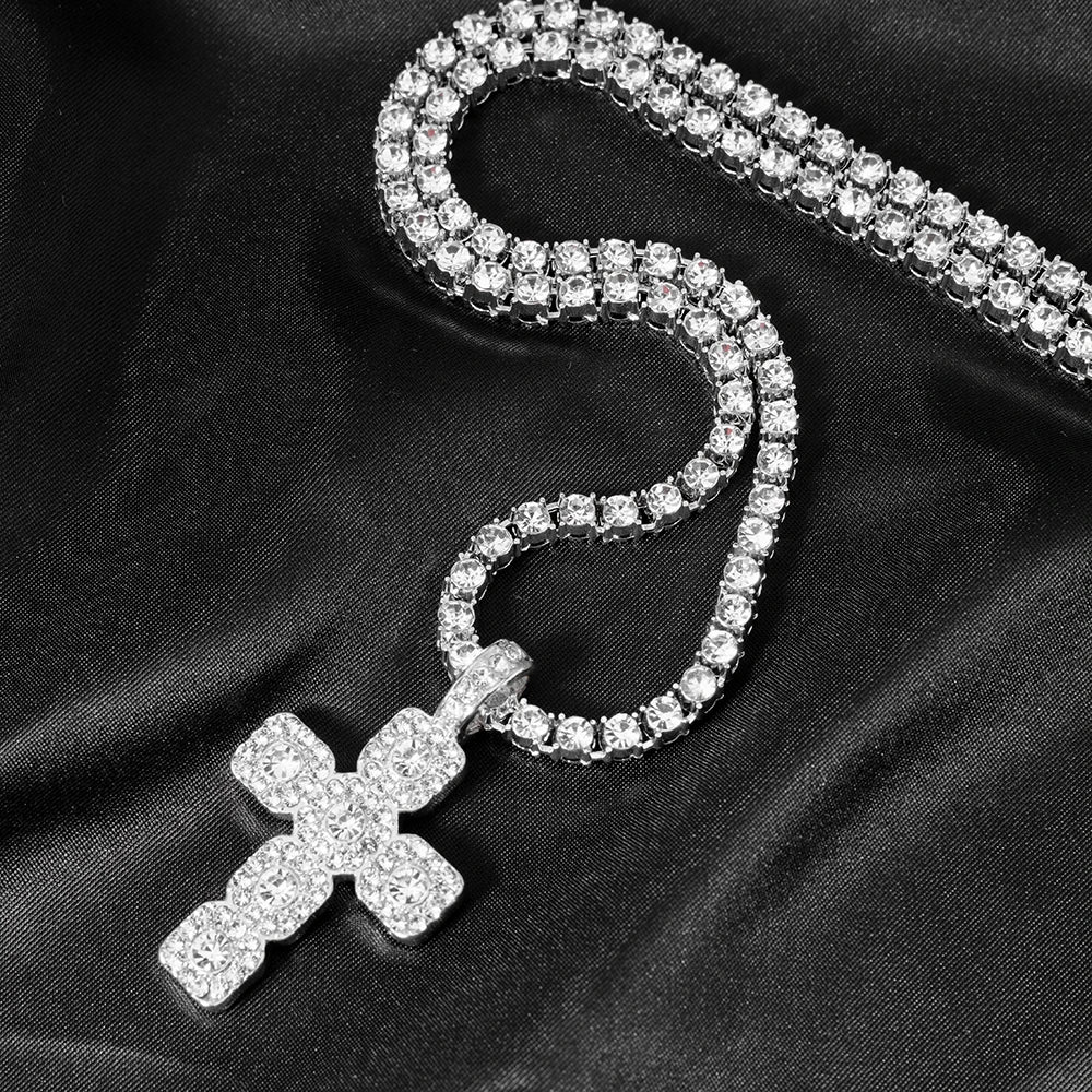Women Hip Hop Cross Pendant Necklace Strap Men 4mm Rhinestone Tennis Chain Iced Sparkling Necklace Punk Jewelry Fashion Gift