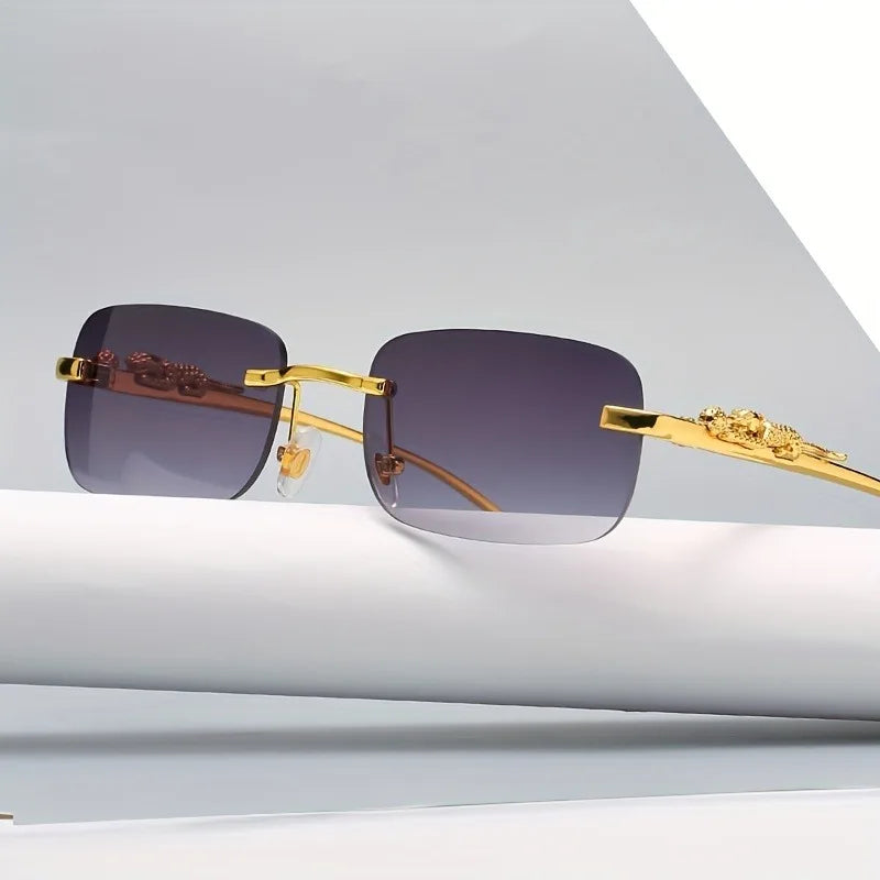 Frameless Rectangular Fashion Glasses for Men and Women Luxurious Design with Gold Metal Border Leopard Head Buckle