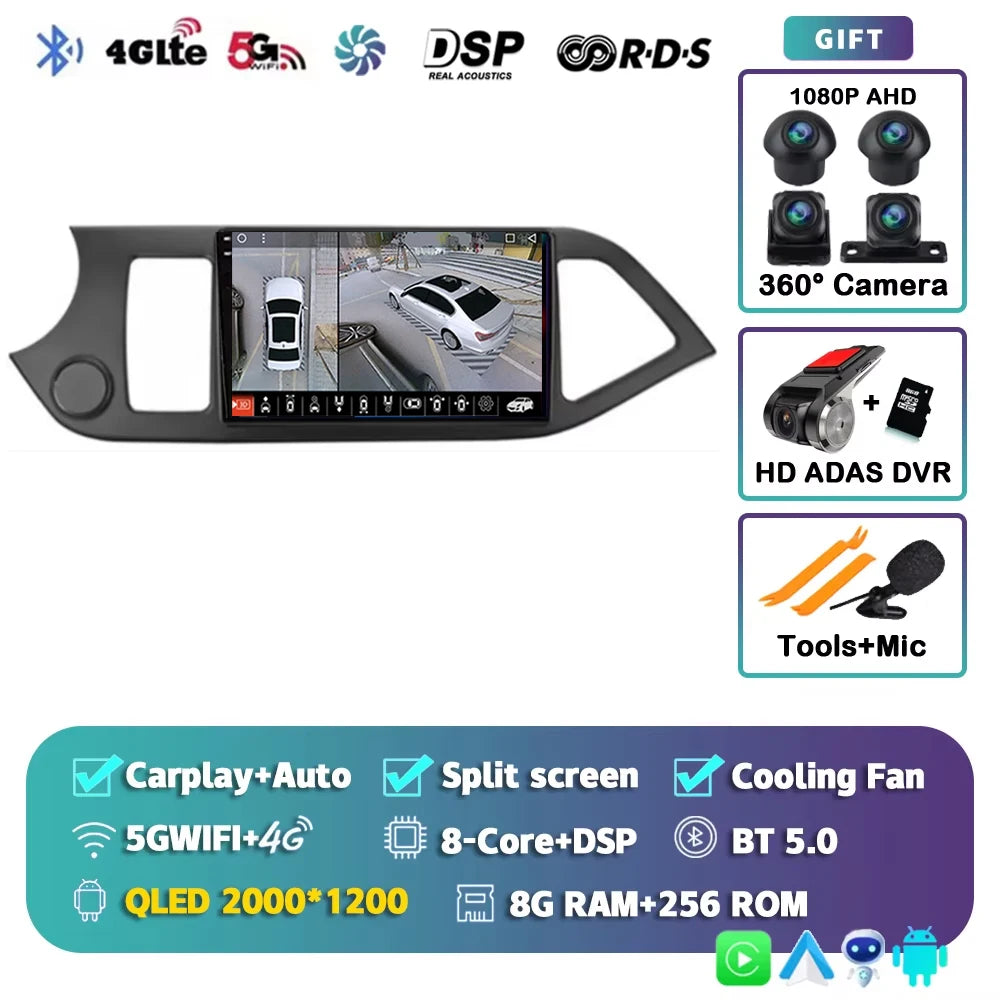 For KIA PICANTO Morning 2011 2012 - 2017 2K 12+256 QLED Android 15 CarPlay Car Radio Multimedia Video Player GPS stereo Head DSP