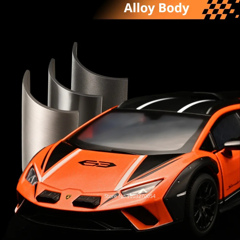 1:32 Huracán SVJ63 Alloy Sportscar Toys Diecast Model Rubber Tires Doors Opened Pull Back Miniature Vehices for Boy Fashion Gift