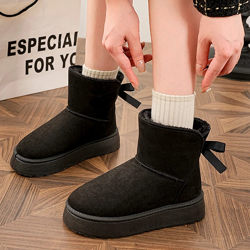 Faux Suede Platform Snow Boots Women Slip On Warm Thicken Plush Winter Boots Woman Cute Bowk Decor Non Slip Cotton Shoes Female