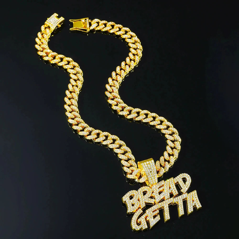 Men Hip Hop BREAD GETTA Letter Pendant Necklace with Cuban Chain Iced out Bling Tennis Chain Necklaces For Rapper Cool Jewelry