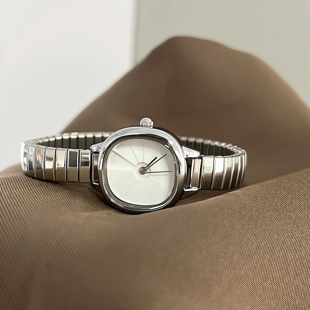 GEDI Small Vintage Watch Woman Square Buckle-Free Stretch Steel Strap Quartz Ladies Watches Luxury Niche Minimalist Watch